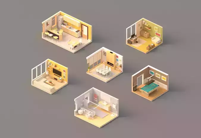 Low poly Rooms pack Low-poly 3D model