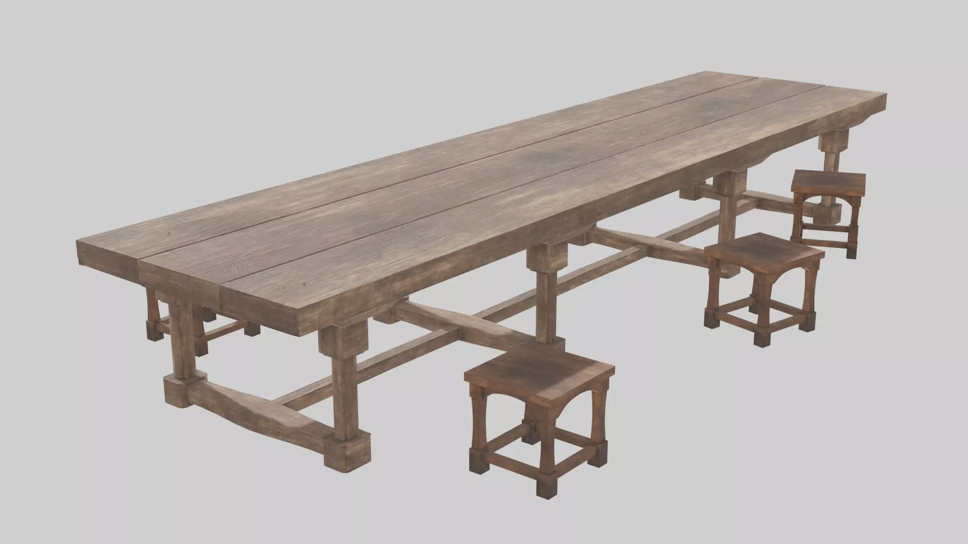 Medieval long table with chairs 3D model_0