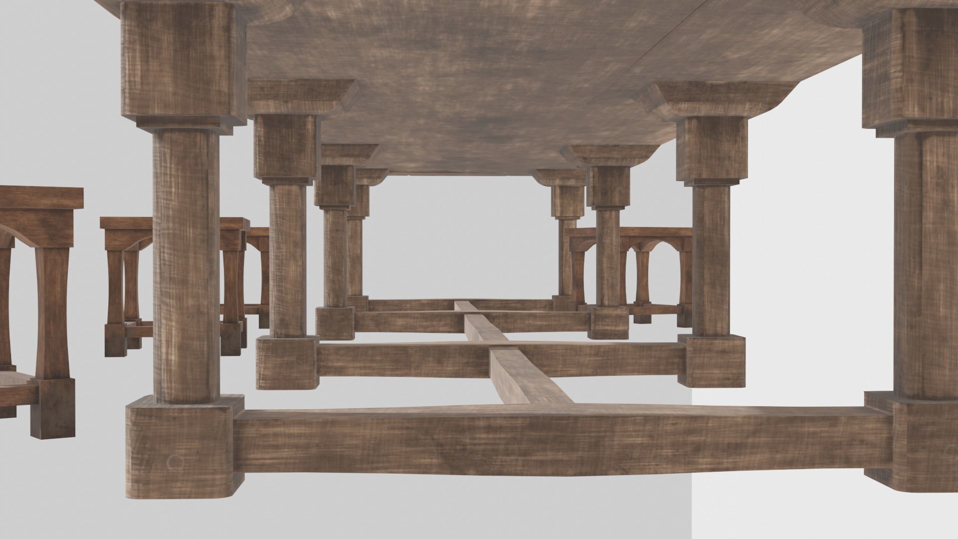 Medieval long table with chairs 3D model_4