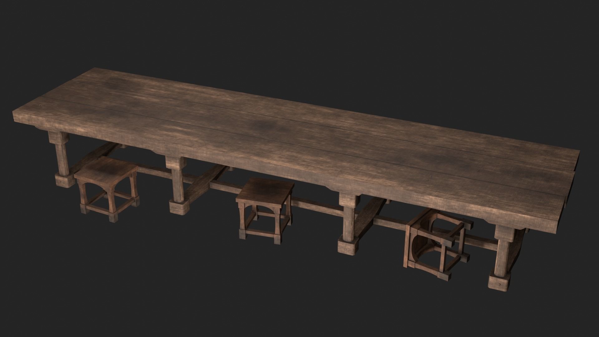 Medieval long table with chairs 3D model_1