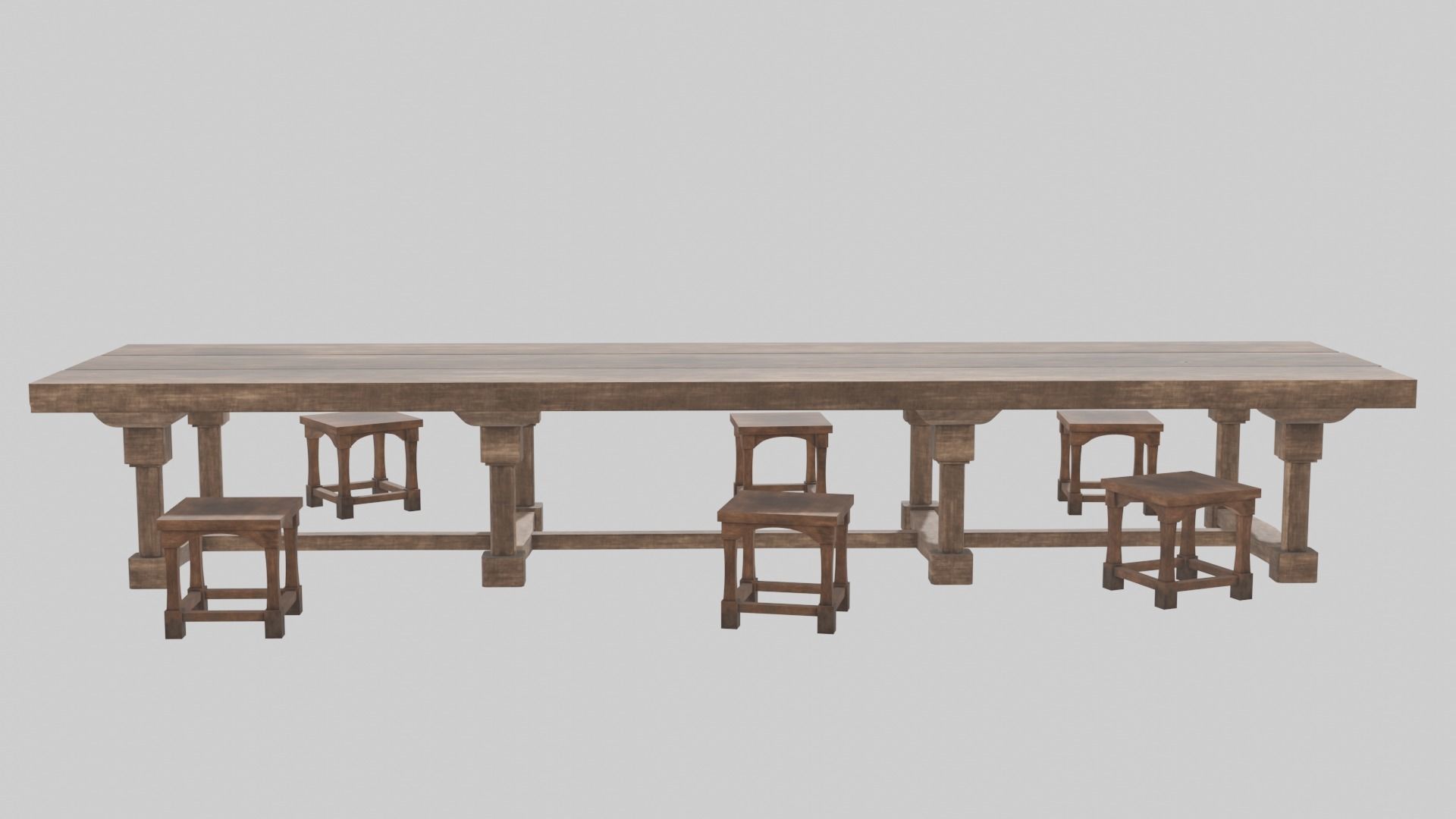 Medieval long table with chairs 3D model_3