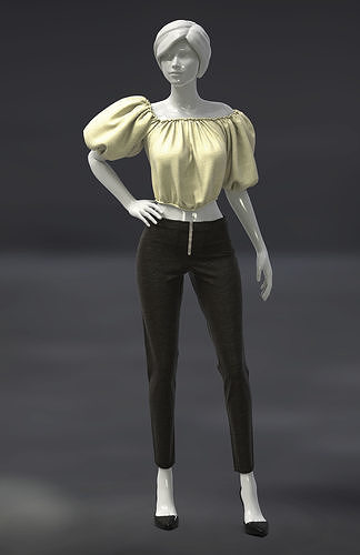 Female Top with puff sleeves and pants 3D model