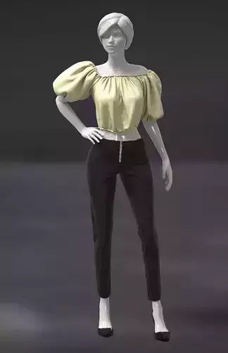 Female Top with puff sleeves and pants 3D model