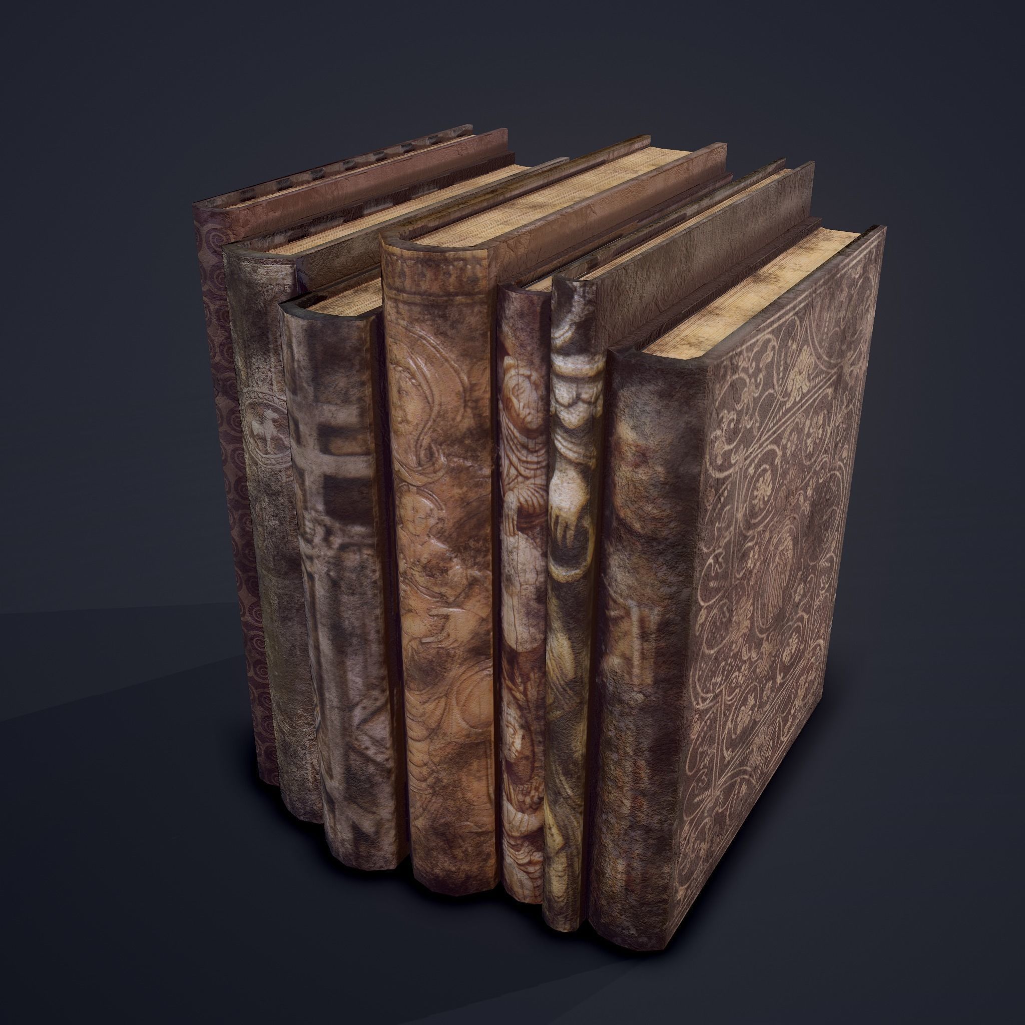 Medieval Books Row 1 Design 1  Low-poly 3D model_2