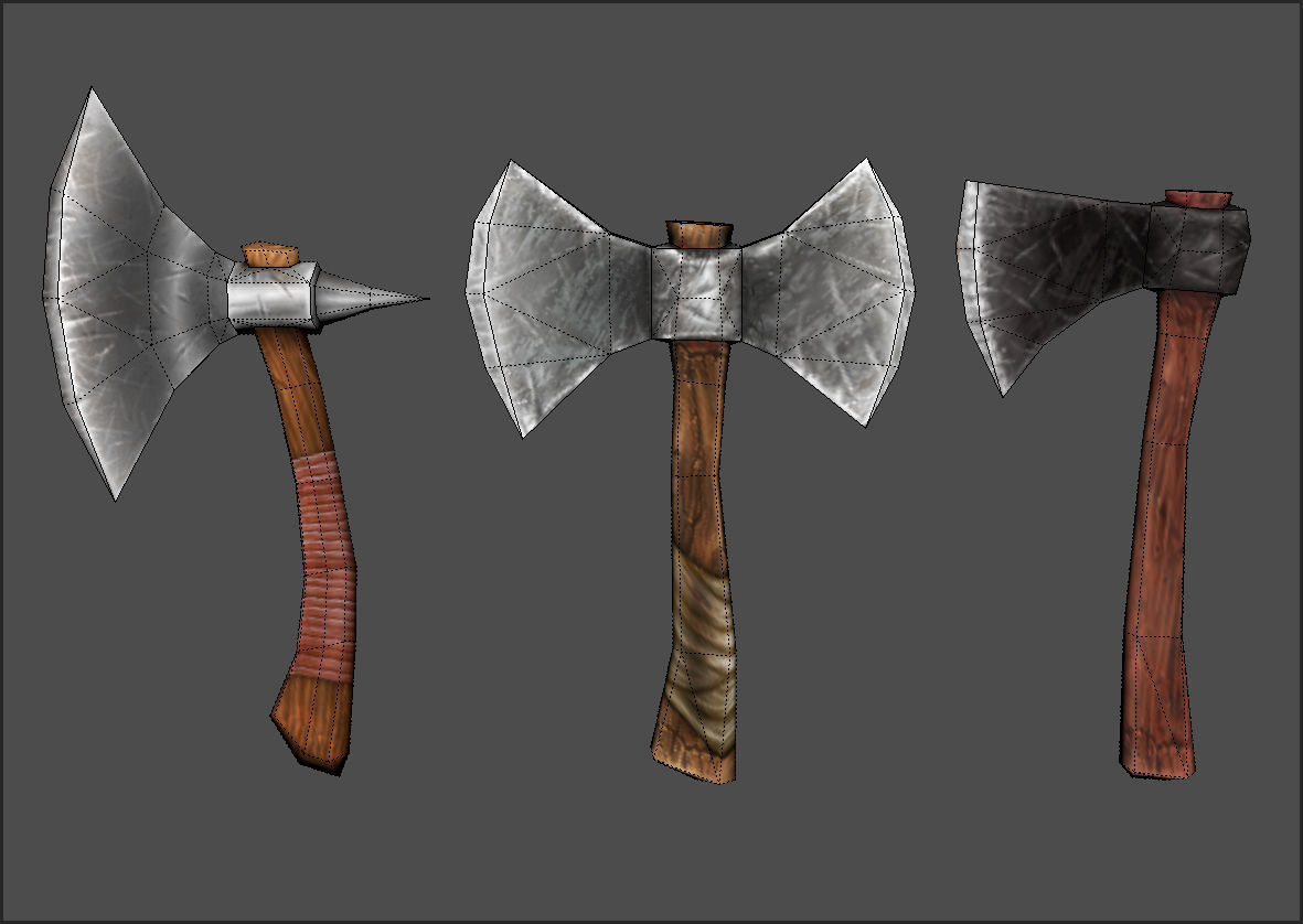 Axe pack in steel and wood Low-poly 3D model_3