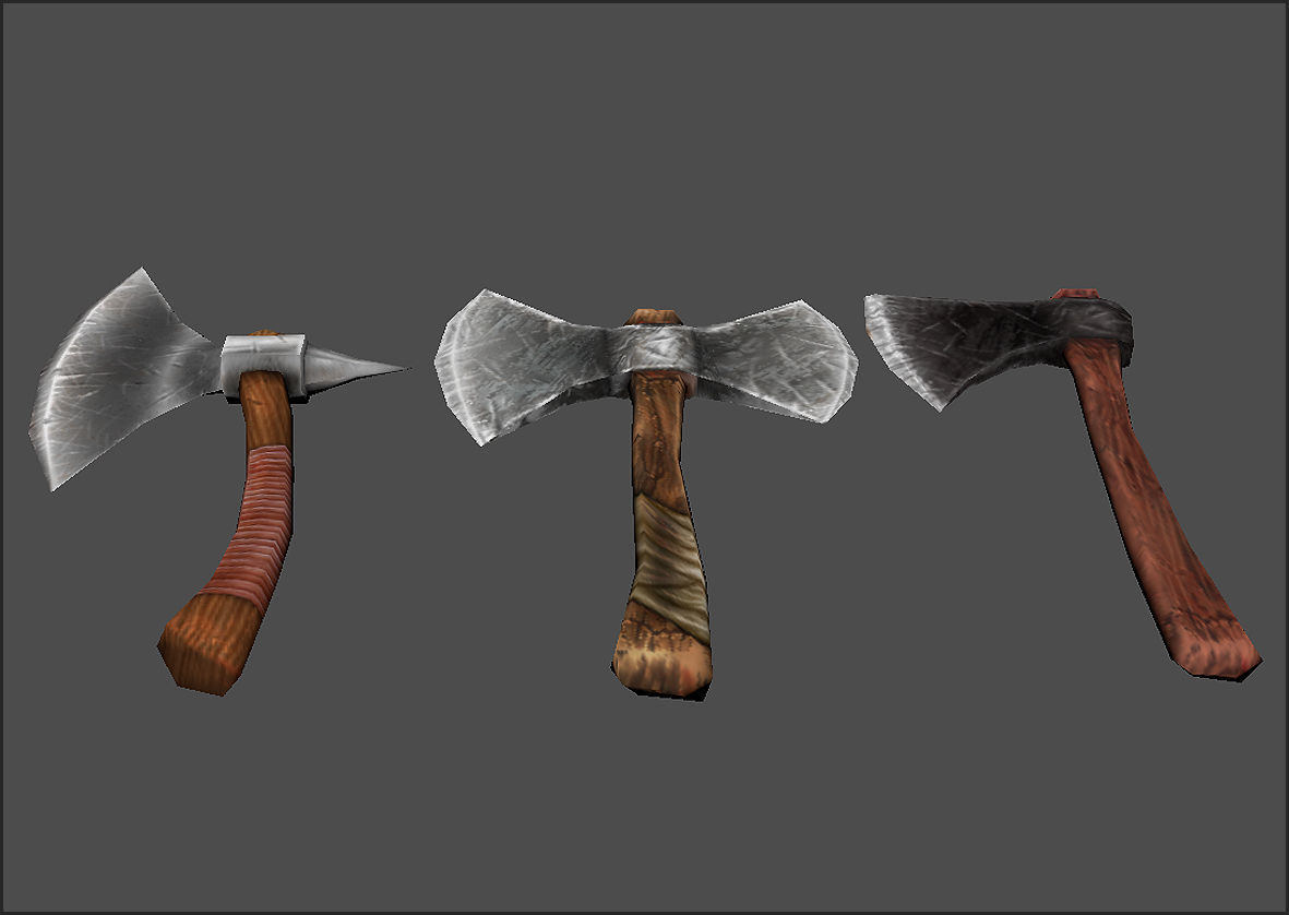 Axe pack in steel and wood Low-poly 3D model_2