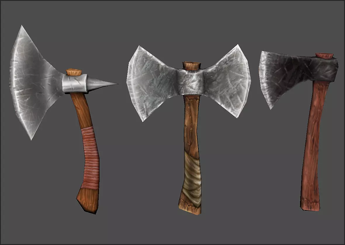 Axe pack in steel and wood Low-poly 3D model_0