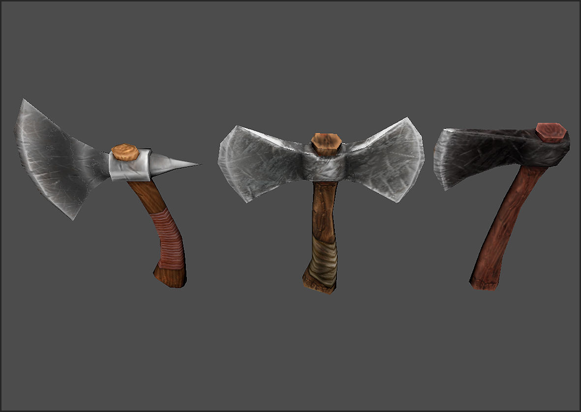 Axe pack in steel and wood Low-poly 3D model_1