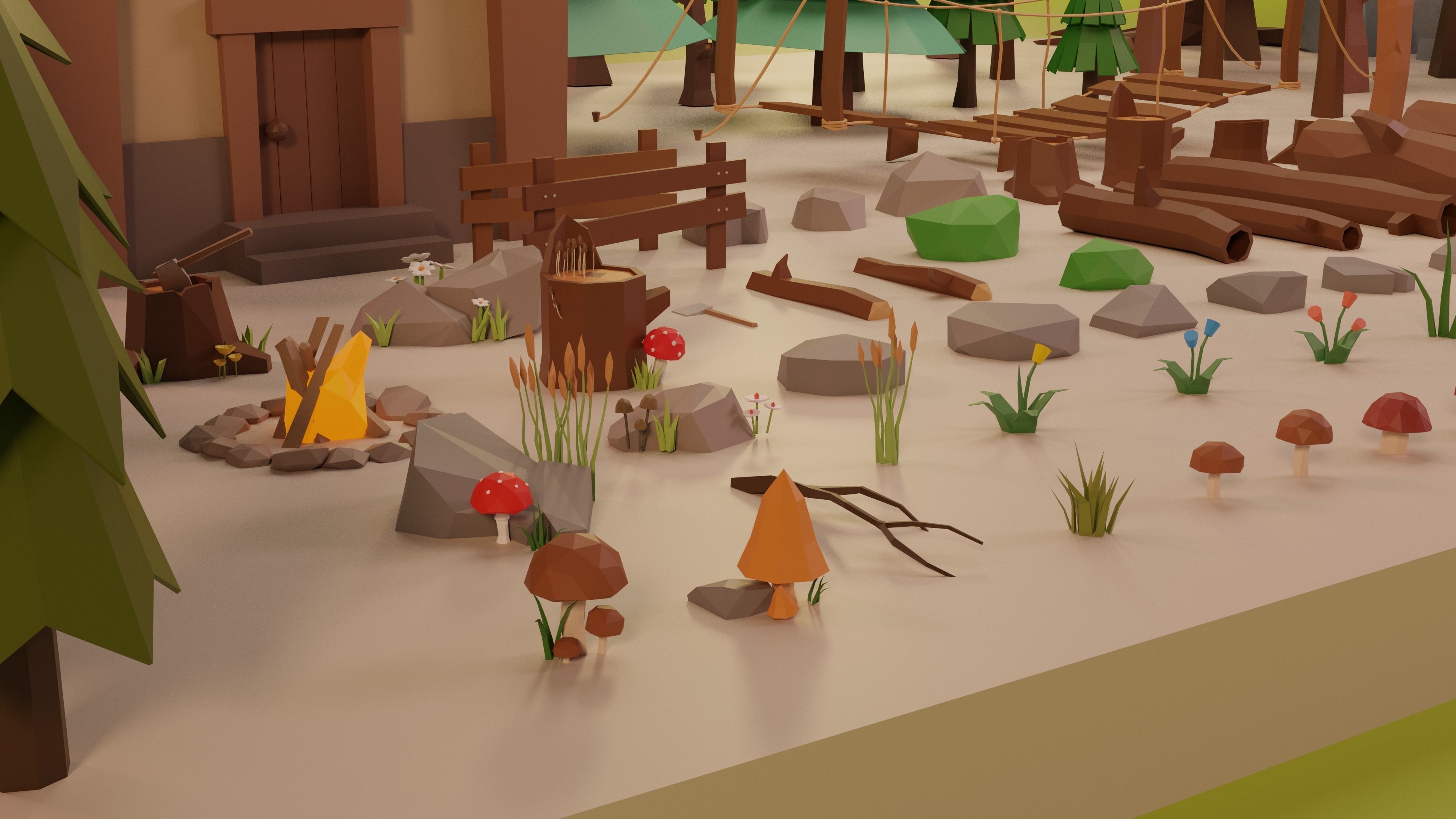 LowPoly Nature - Trees Grass and Rocks Low-poly 3D model_1