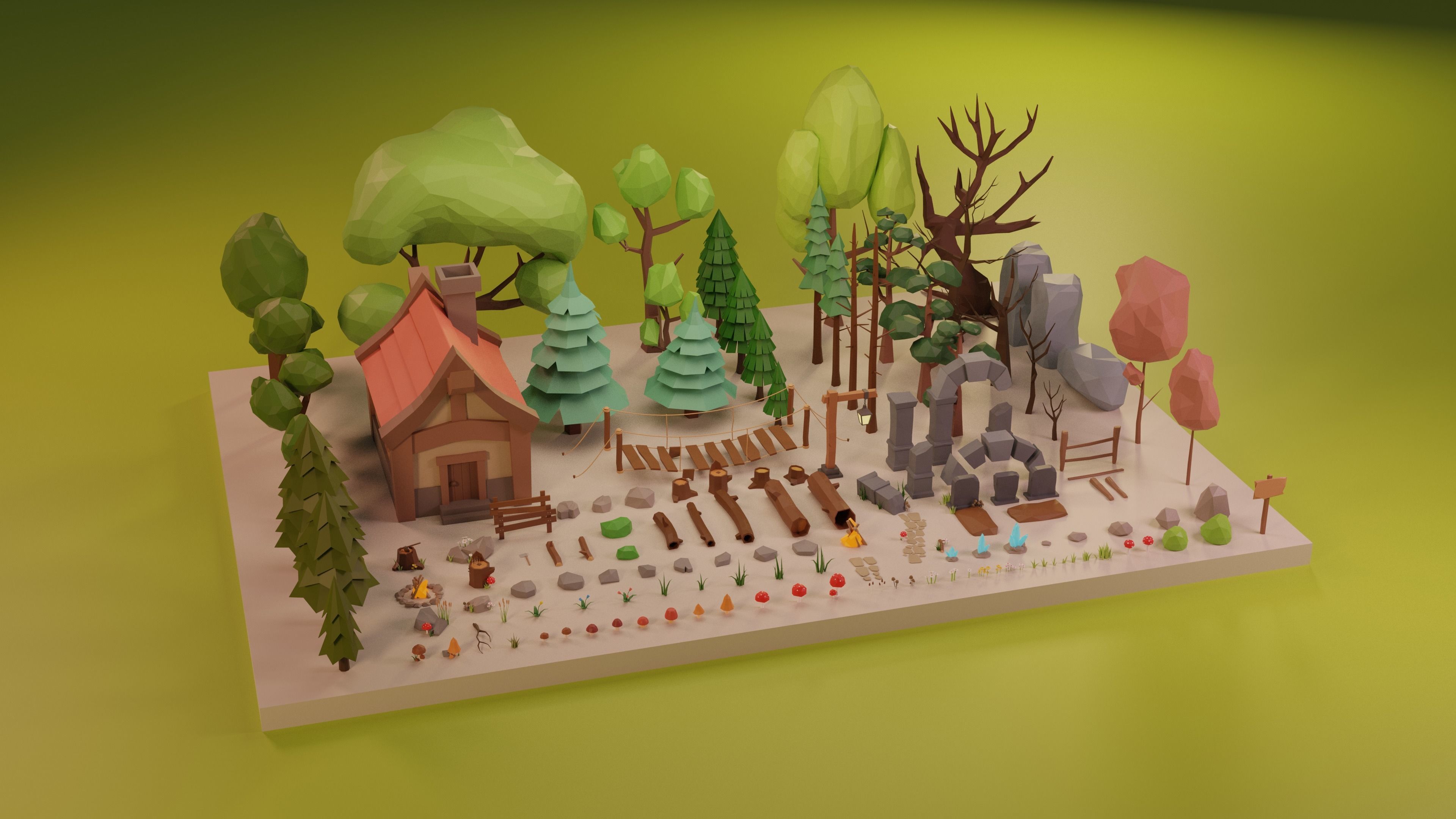 LowPoly Nature - Trees Grass and Rocks Low-poly 3D model_6