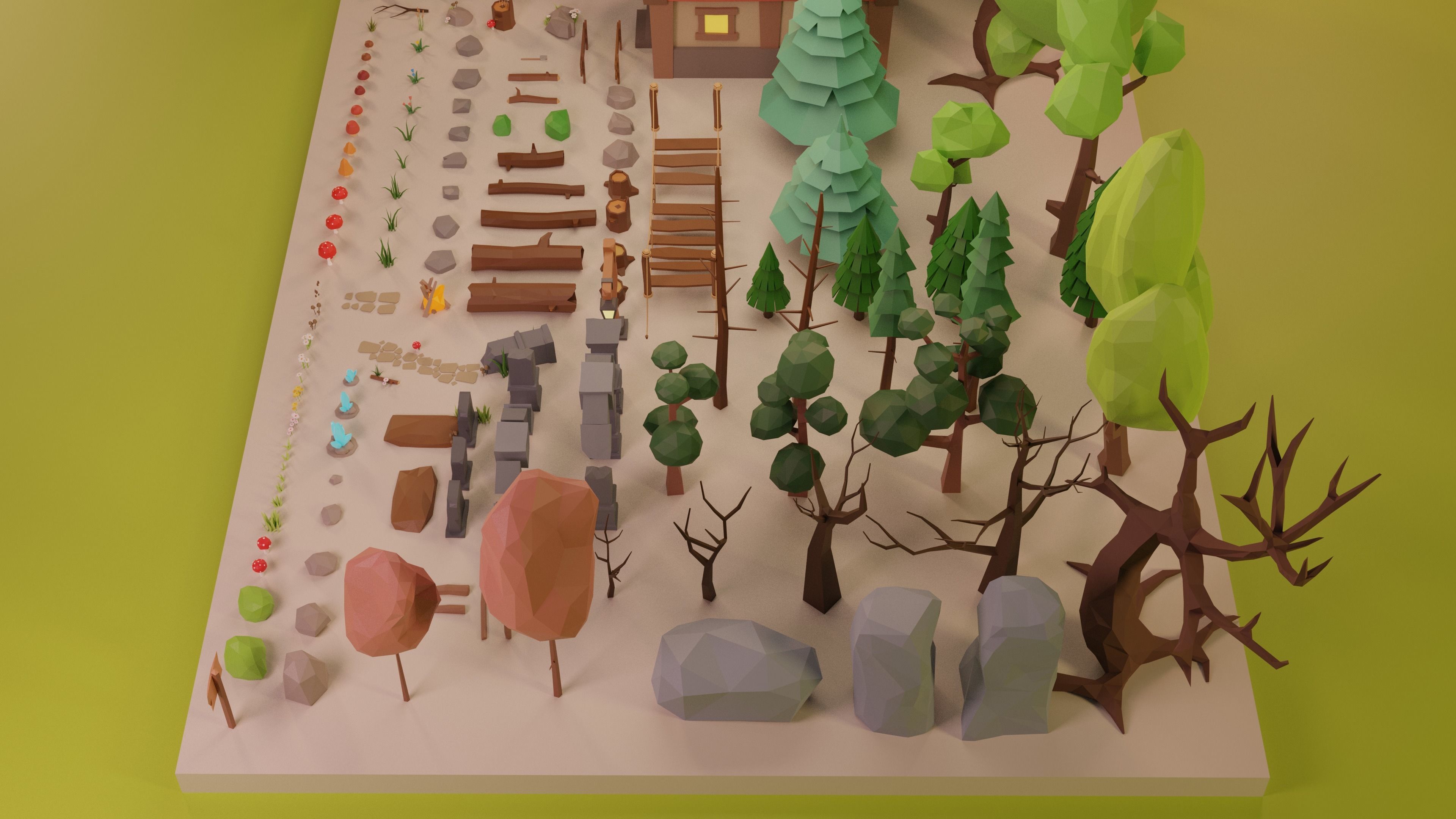 LowPoly Nature - Trees Grass and Rocks Low-poly 3D model_8