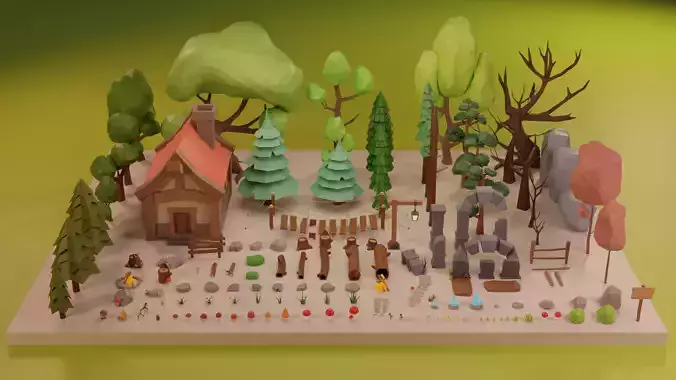 LowPoly Nature - Trees Grass and Rocks Low-poly 3D model
