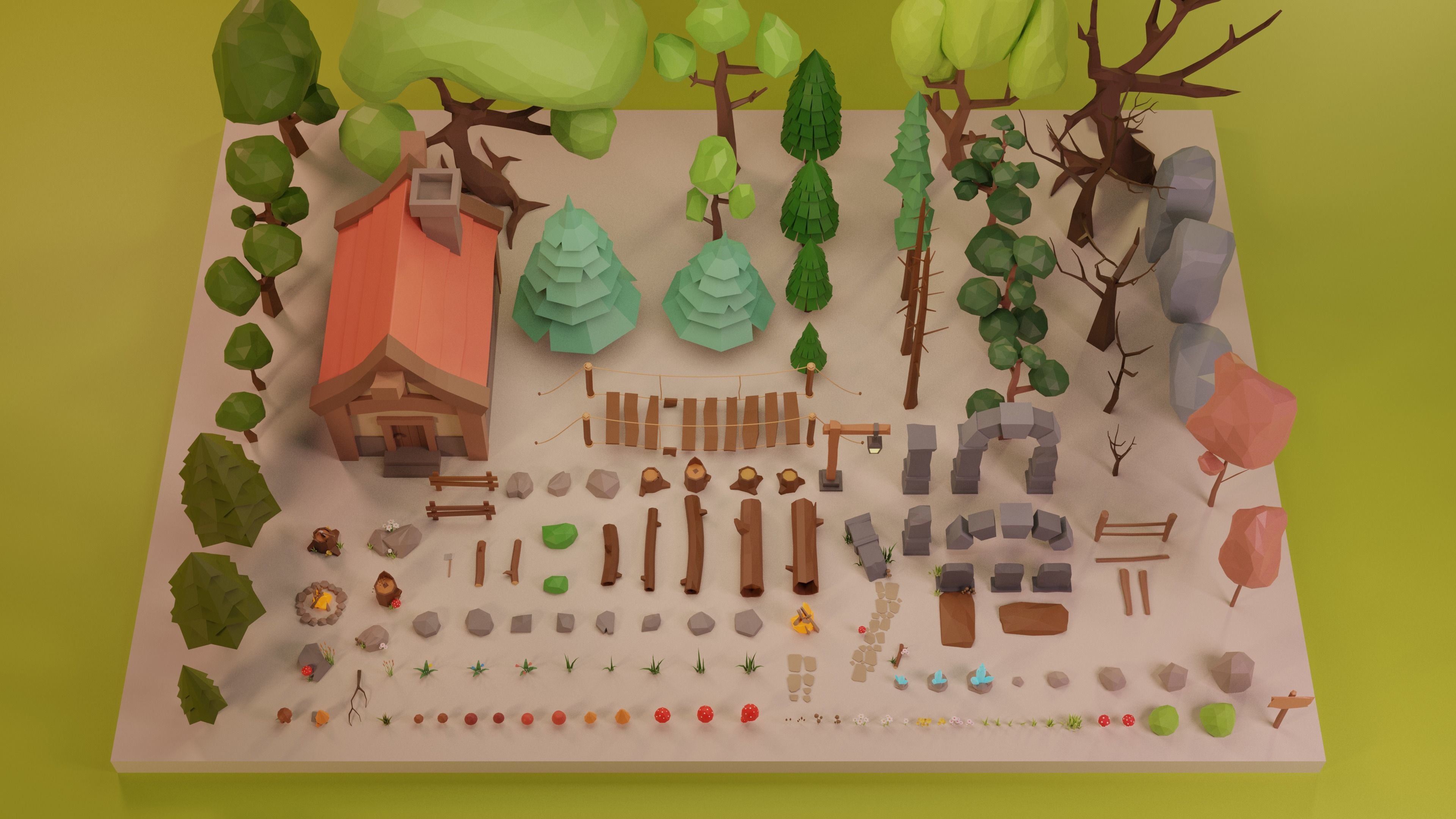 LowPoly Nature - Trees Grass and Rocks Low-poly 3D model_10