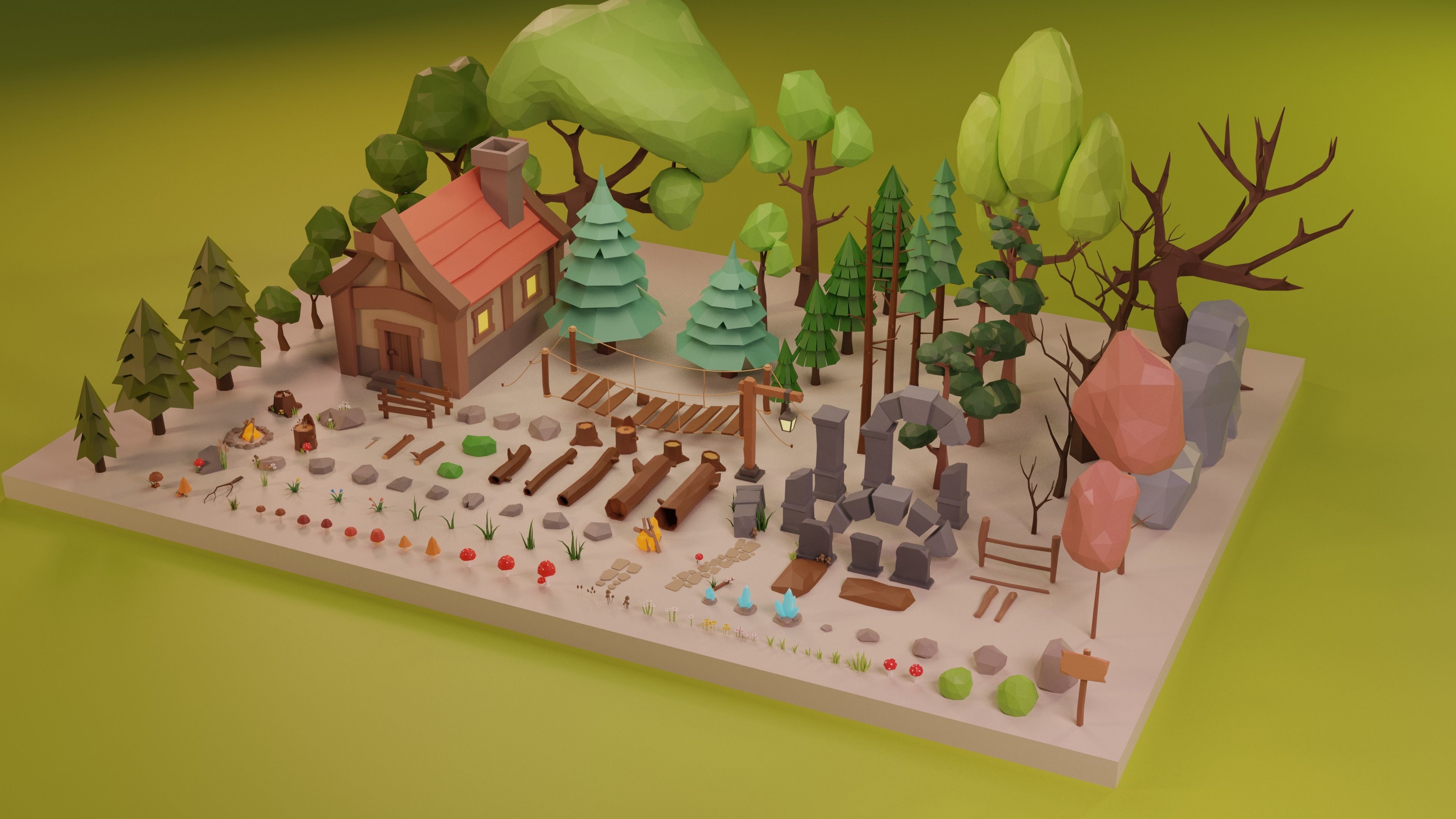 LowPoly Nature - Trees Grass and Rocks Low-poly 3D model_7