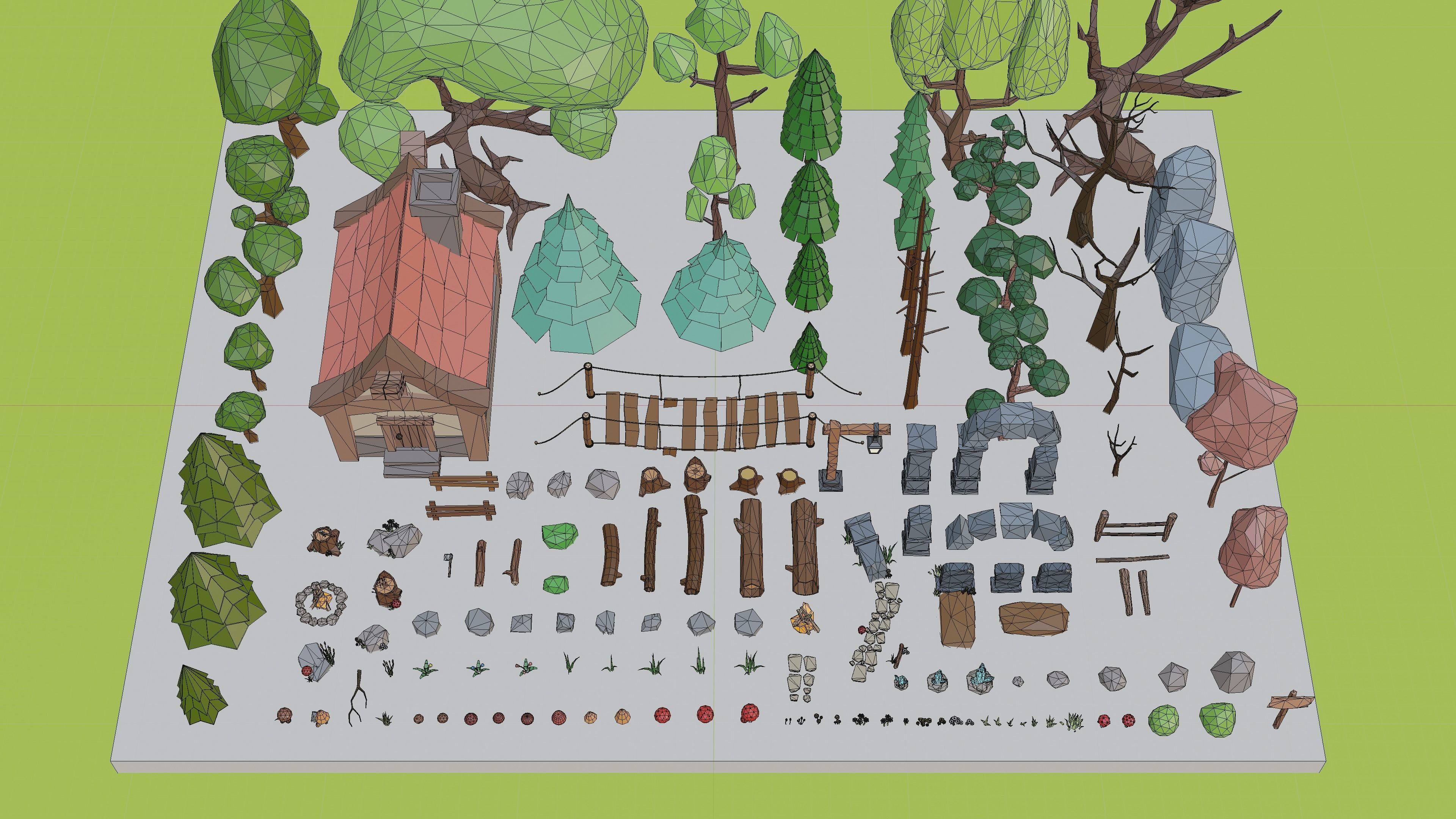 LowPoly Nature - Trees Grass and Rocks Low-poly 3D model_13