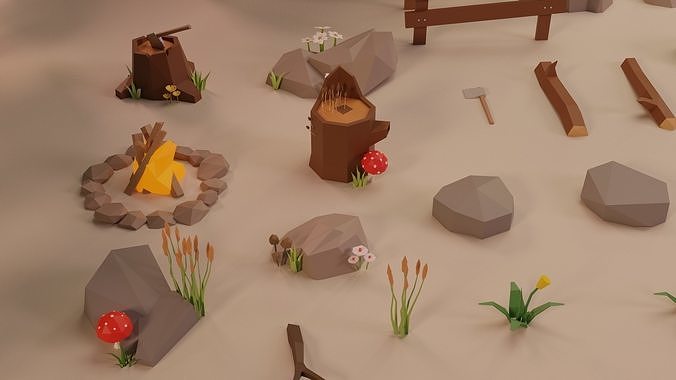 LowPoly Nature - Trees Grass and Rocks Low-poly 3D model 4