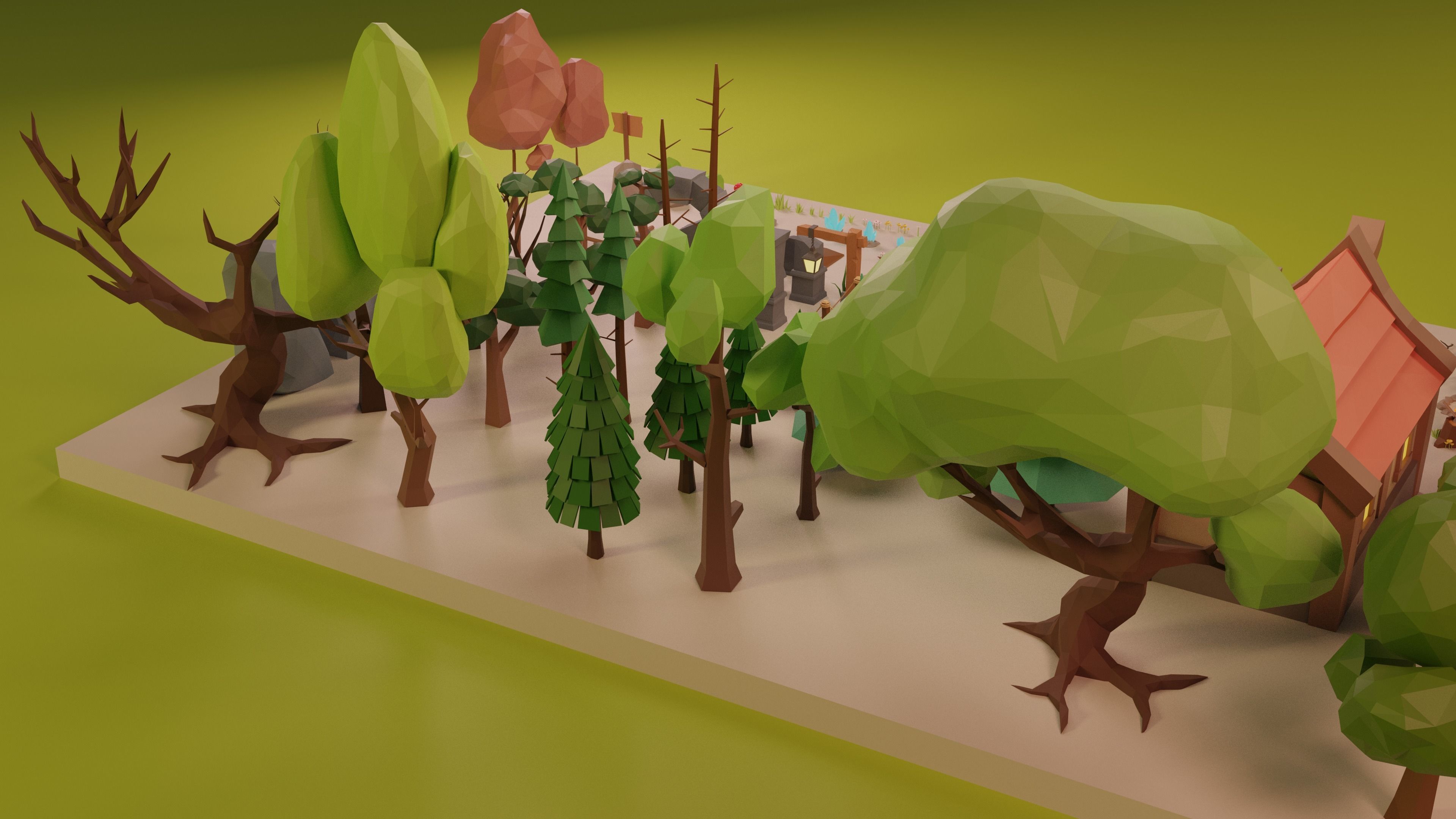 LowPoly Nature - Trees Grass and Rocks Low-poly 3D model_12