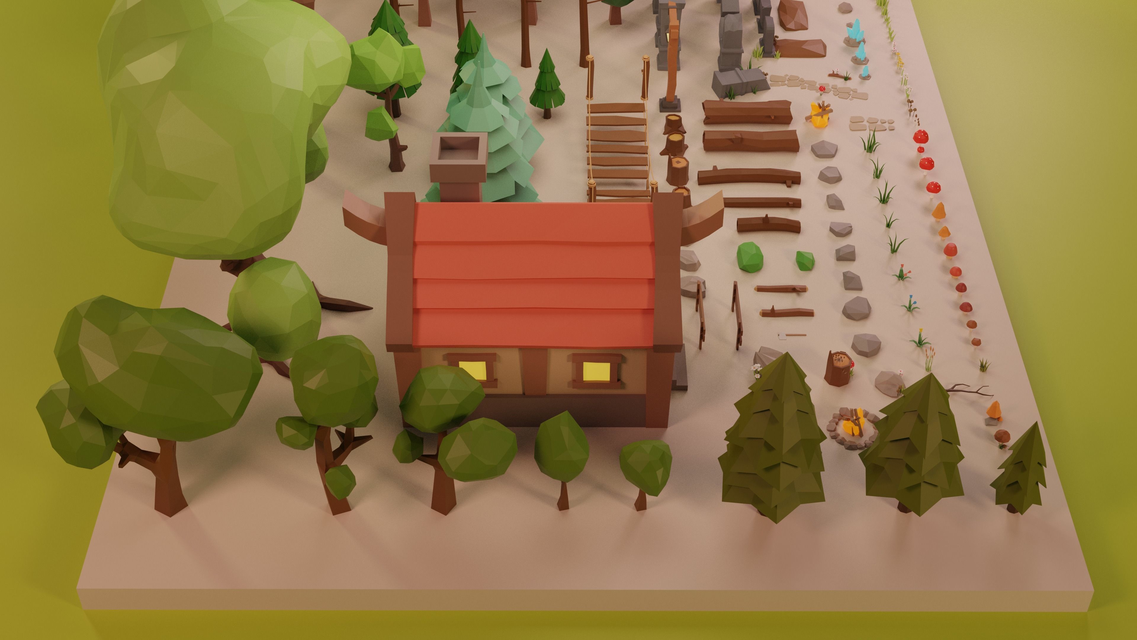 LowPoly Nature - Trees Grass and Rocks Low-poly 3D model_9