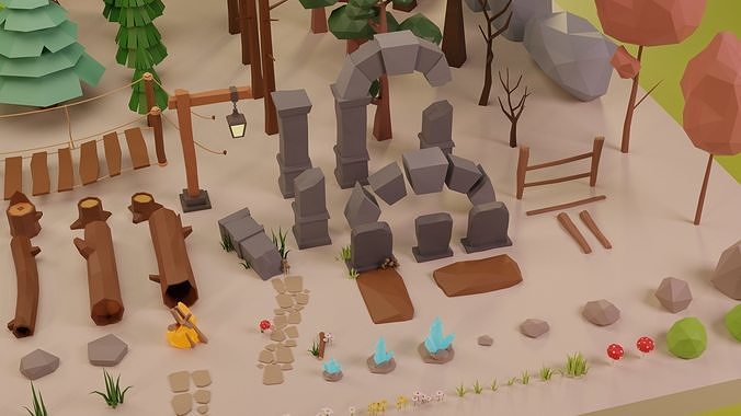 LowPoly Nature - Trees Grass and Rocks Low-poly 3D model 5