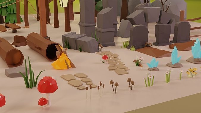 LowPoly Nature - Trees Grass and Rocks Low-poly 3D model 3