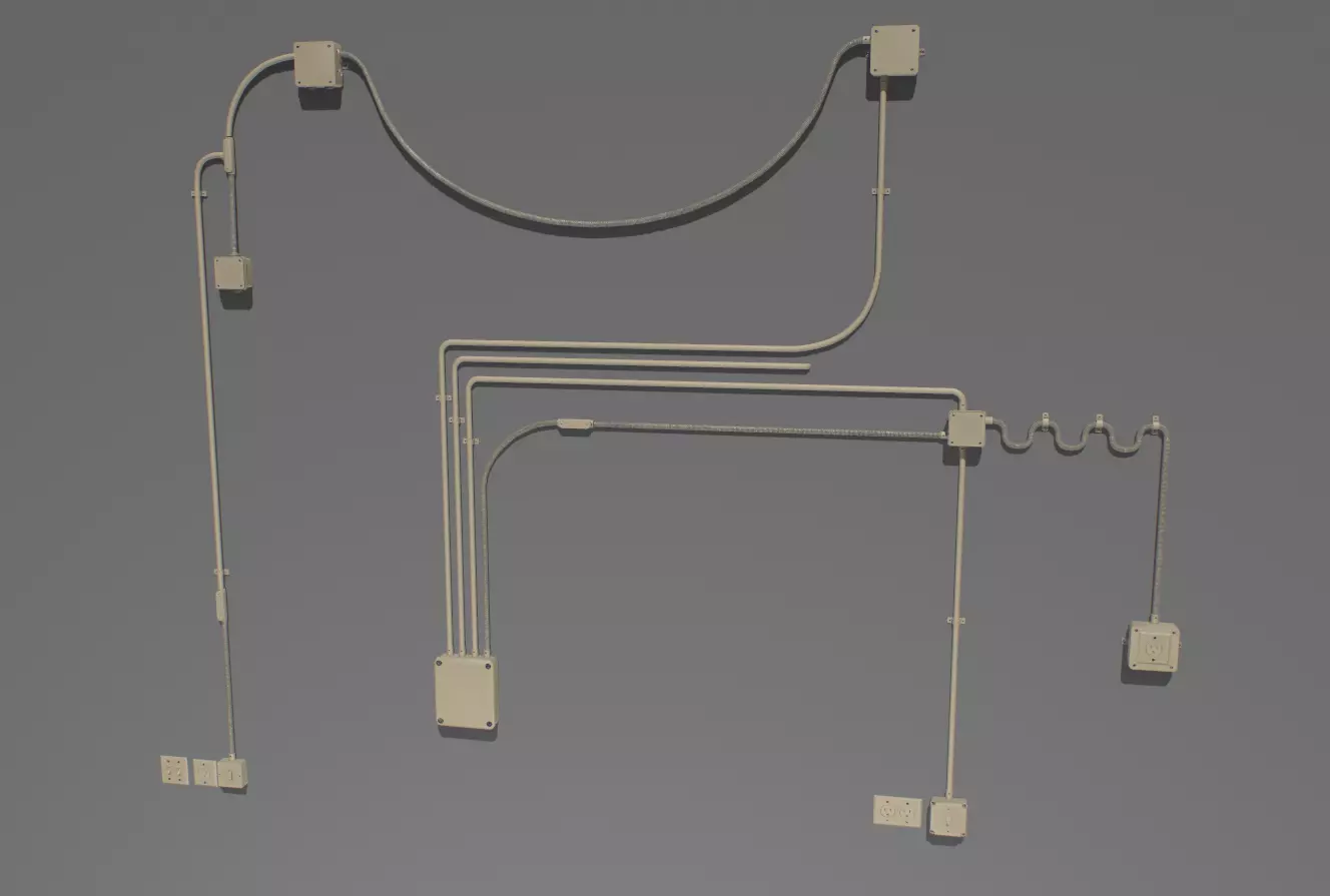 Yellow electric wall wires set Low-poly 3D model_0