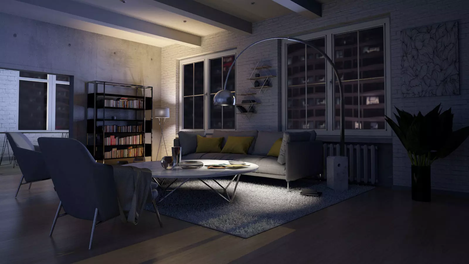 Living room Interior night scene 3D model_0