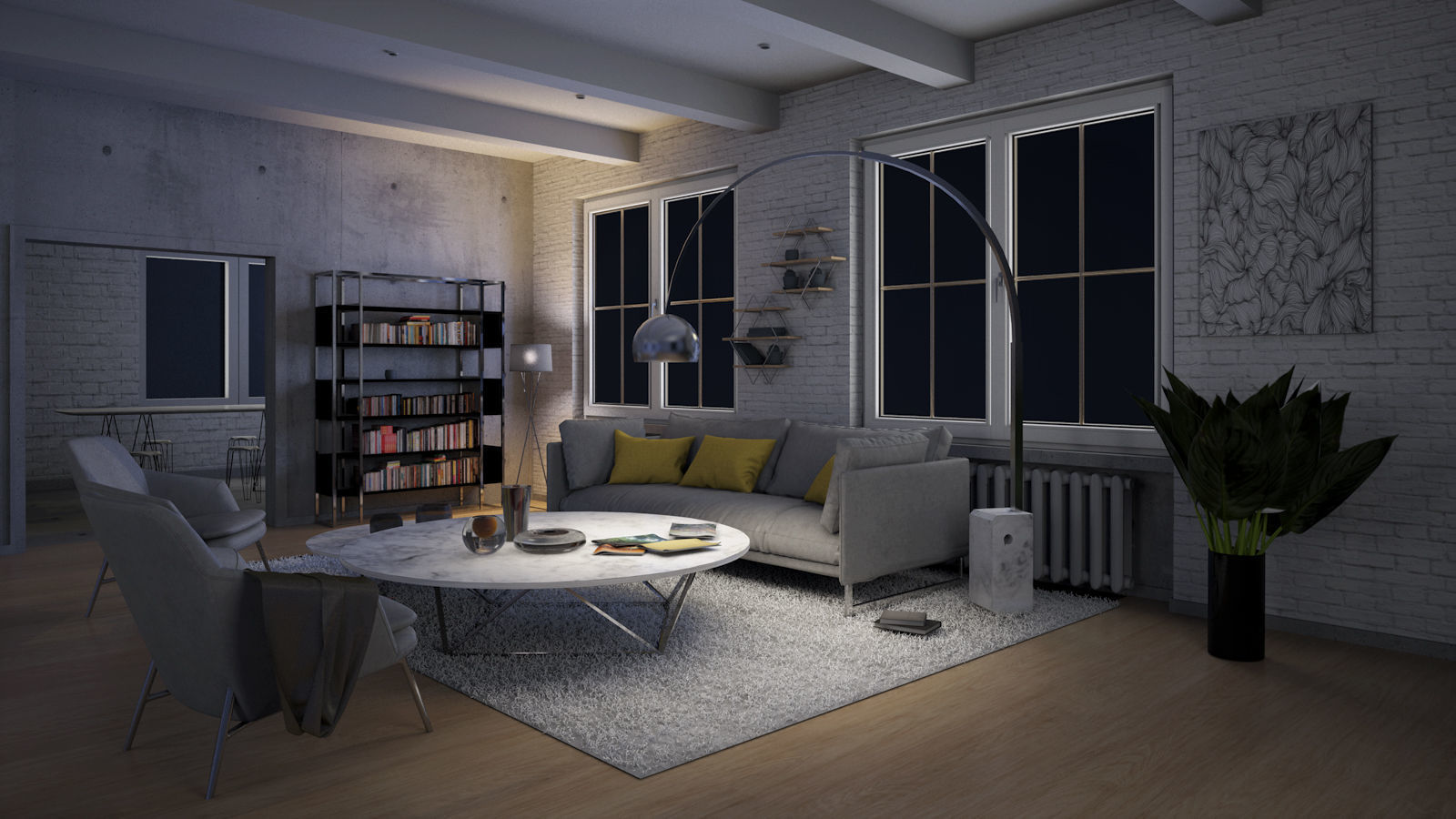 Living room Interior night scene 3D model_1
