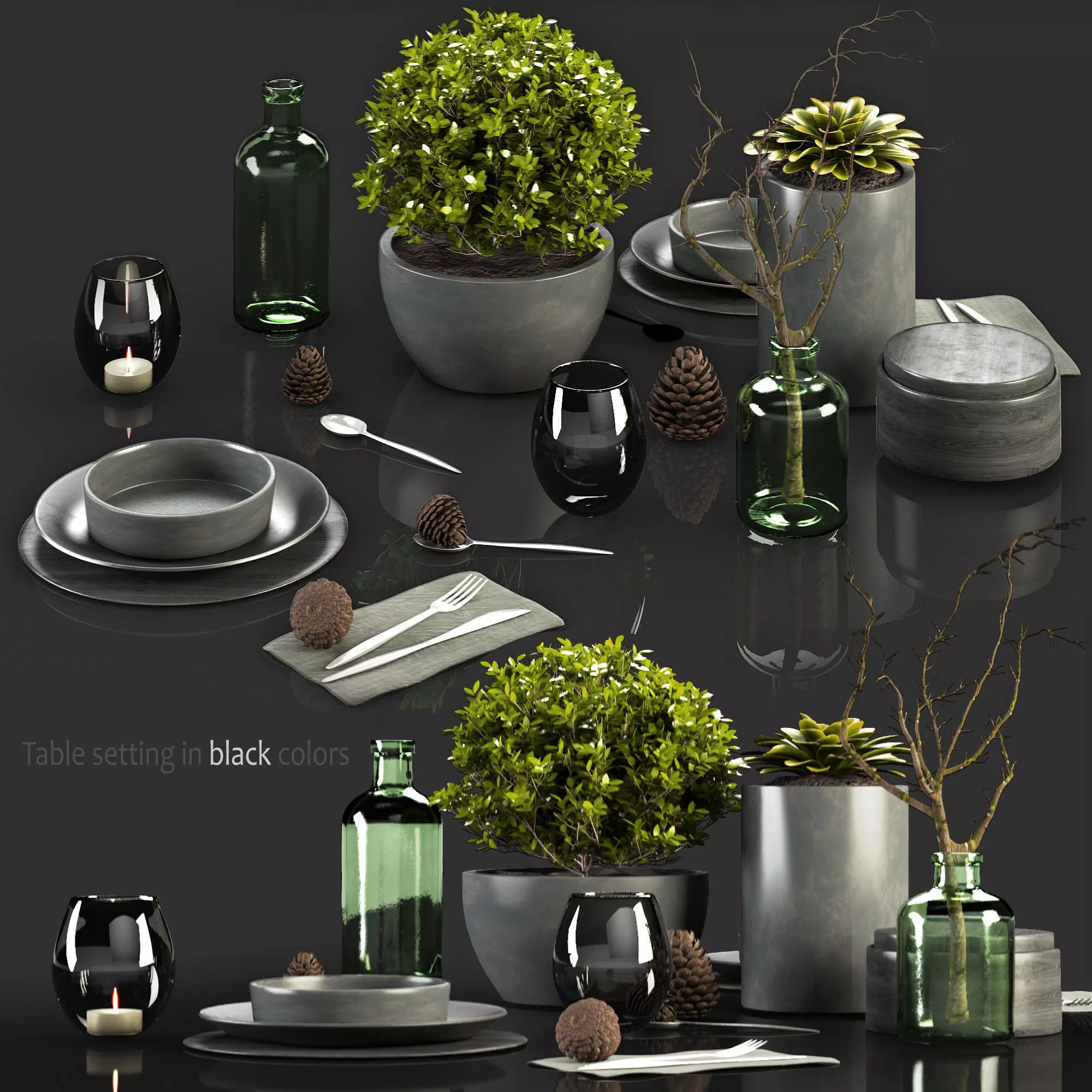 Table Setting in black colors 3D model_0