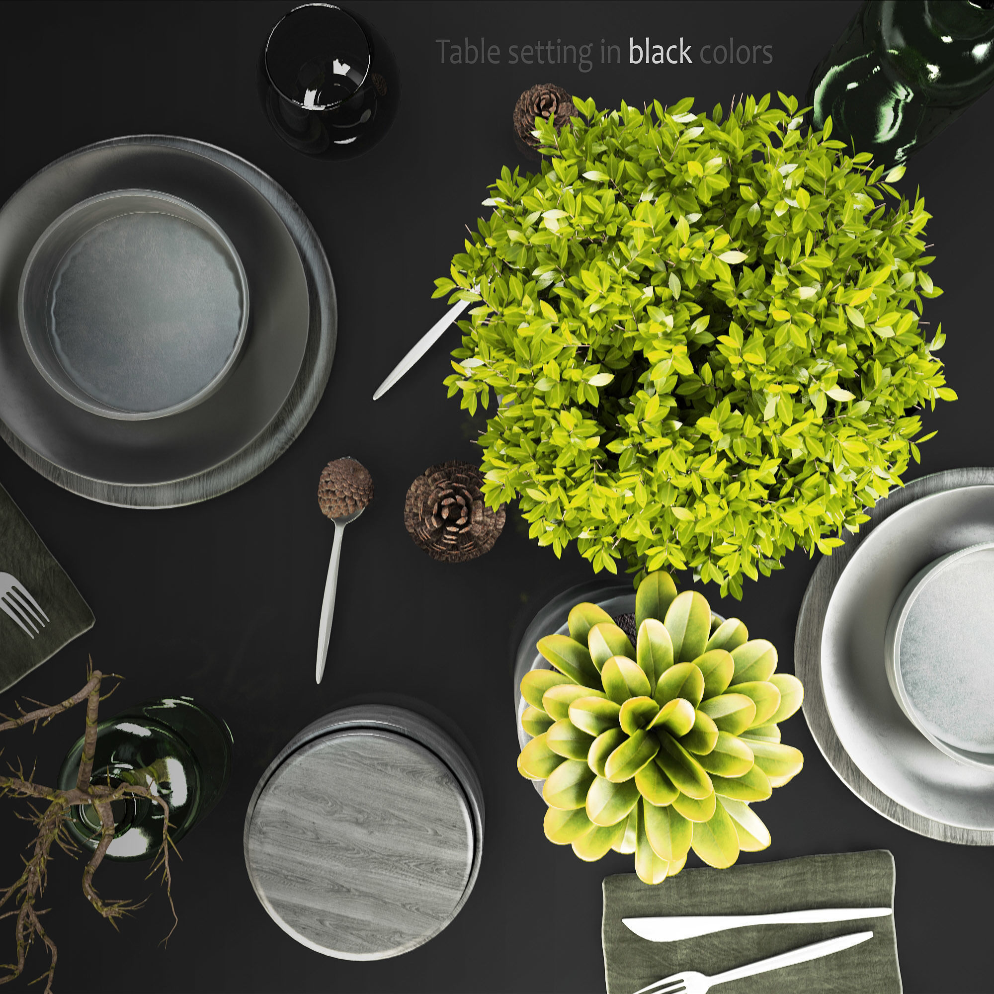 Table Setting in black colors 3D model_1