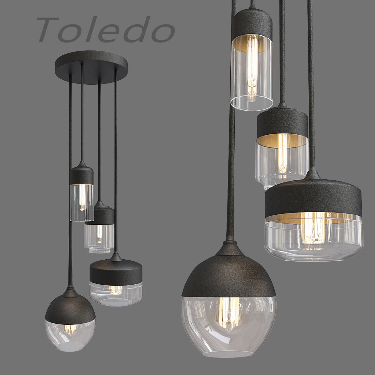 Untitled four hanging lights with glass bulbs 3D model_5