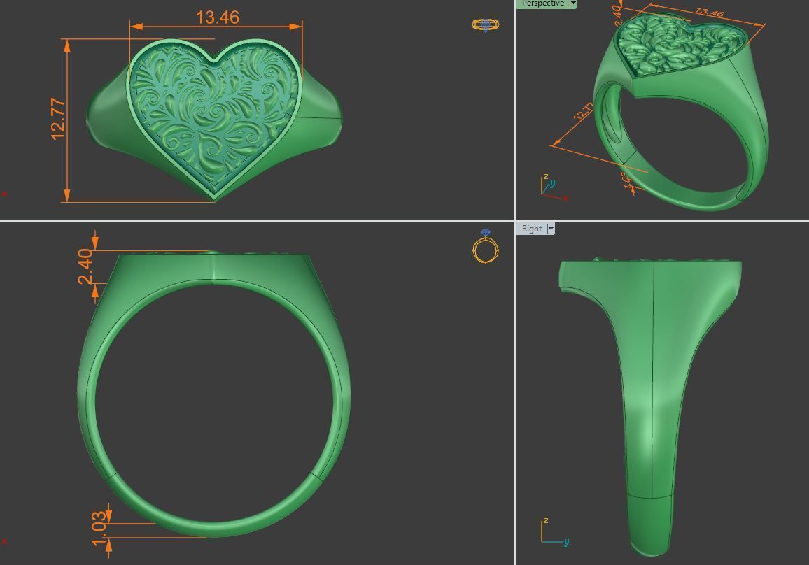 Valentines day heart signet ring with ornament 3D print model_1