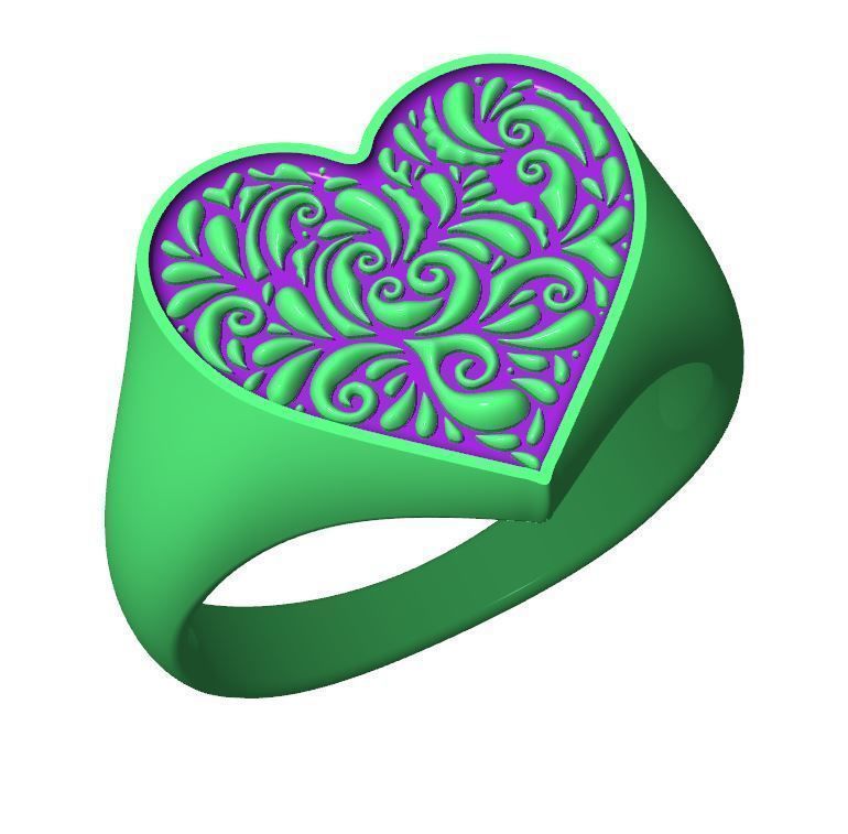 Valentines day heart signet ring with ornament 3D print model_18