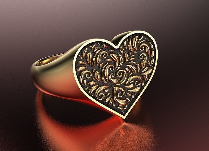 Valentines day heart signet ring with ornament 3D print model