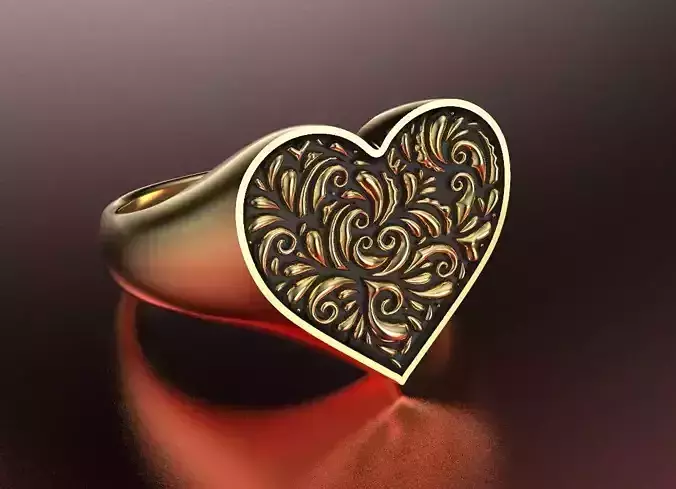 Valentines day heart signet ring with ornament 3D print model