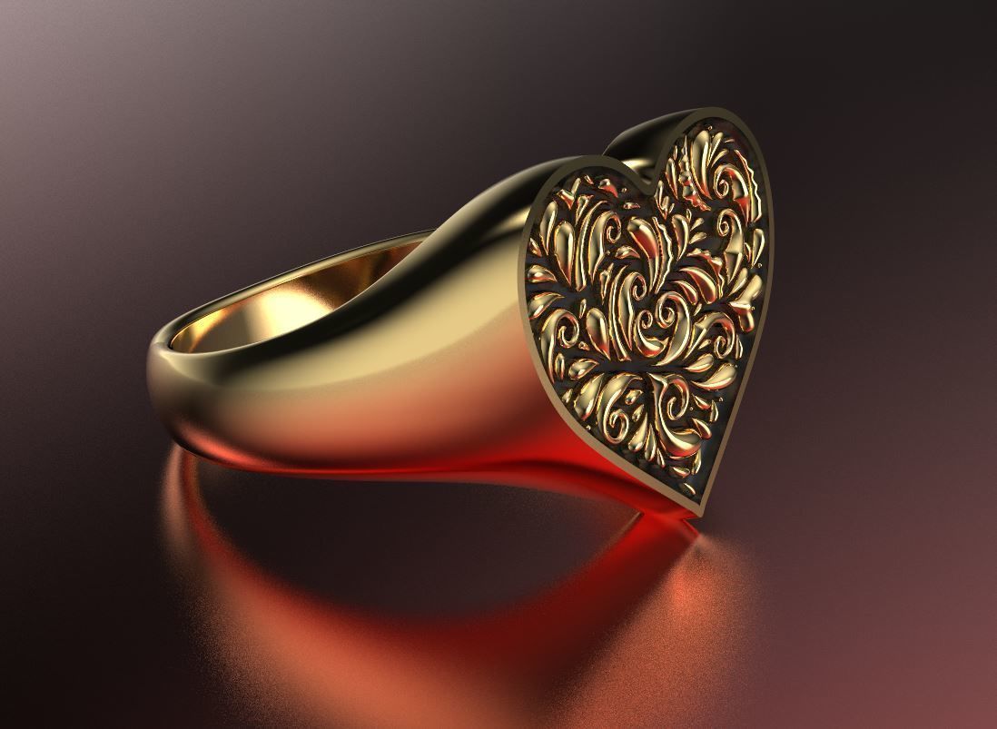 Valentines day heart signet ring with ornament 3D print model_3