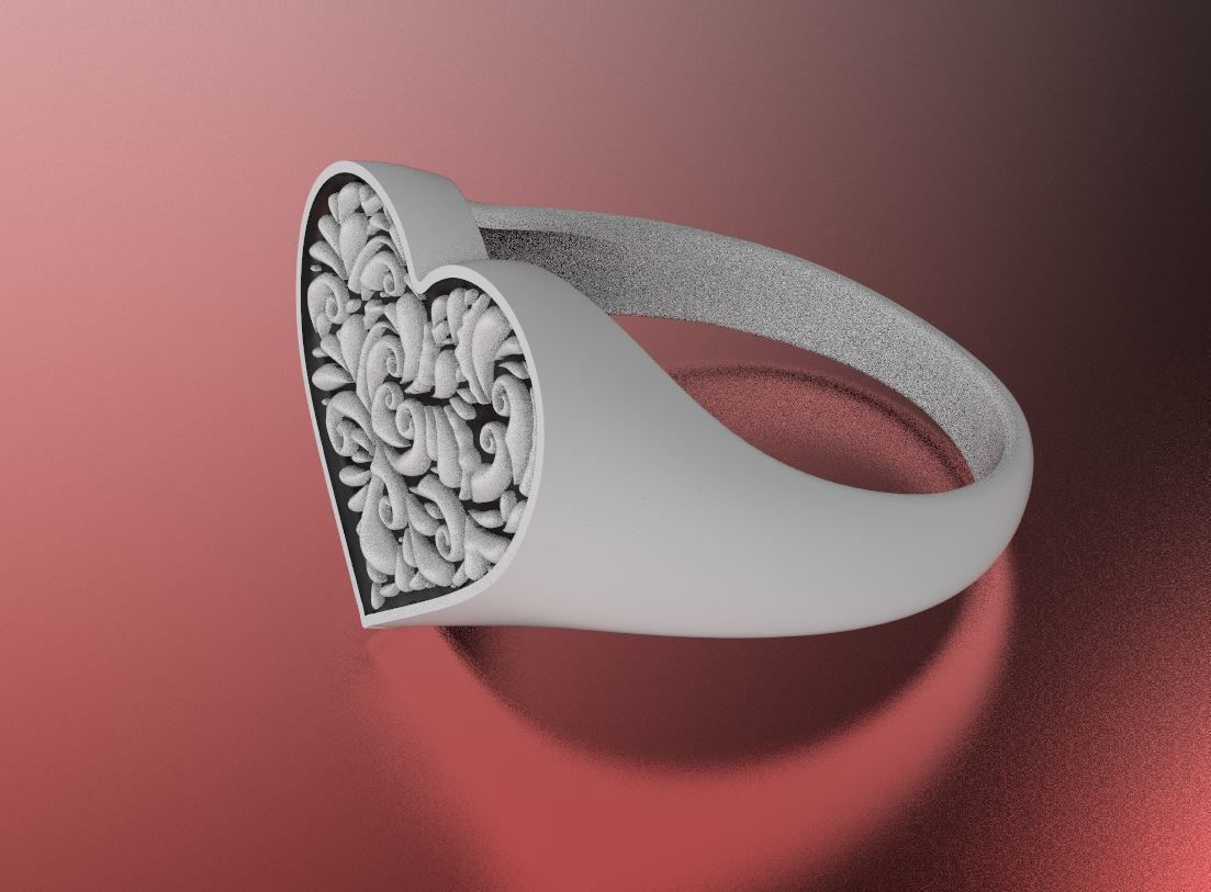 Valentines day heart signet ring with ornament 3D print model_9