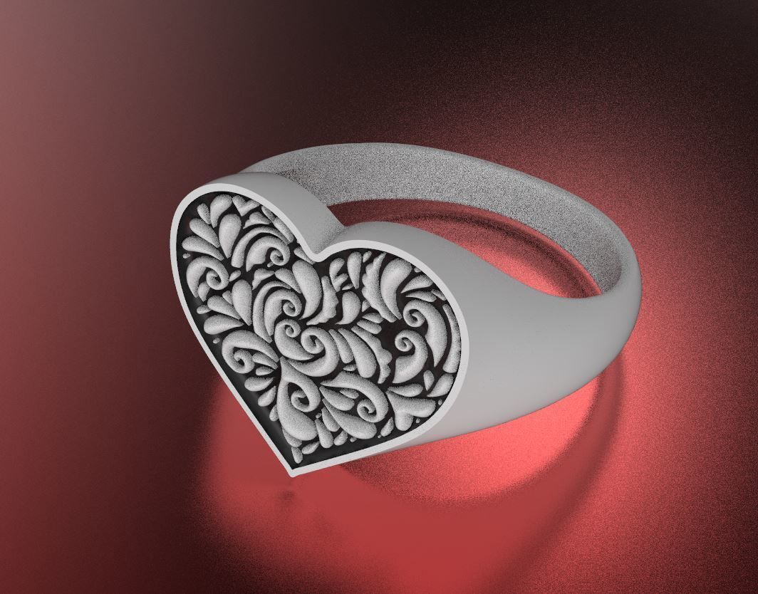 Valentines day heart signet ring with ornament 3D print model_10