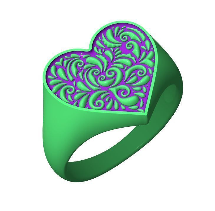 Valentines day heart signet ring with ornament 3D print model_17