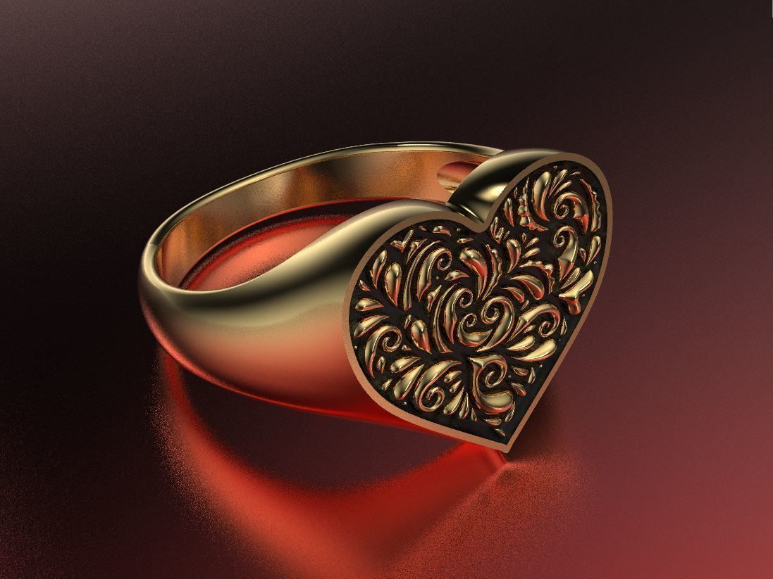 Valentines day heart signet ring with ornament 3D print model_2