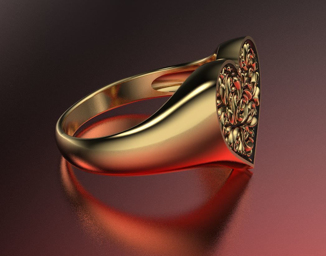 Valentines day heart signet ring with ornament 3D print model_4