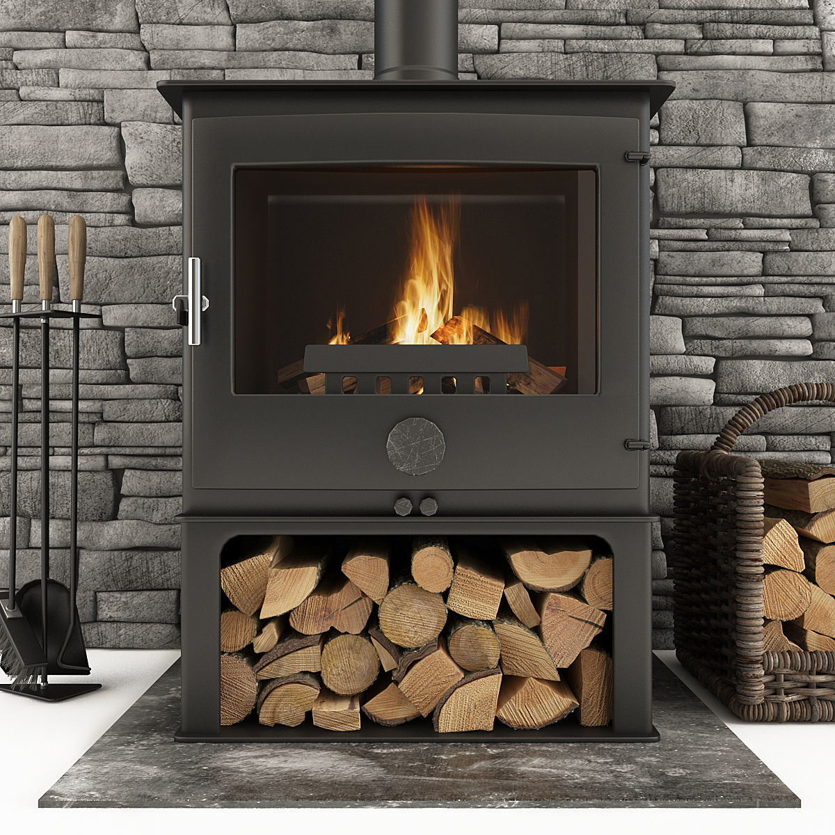 Fireplace and Accessories Stone wall 3D model_2