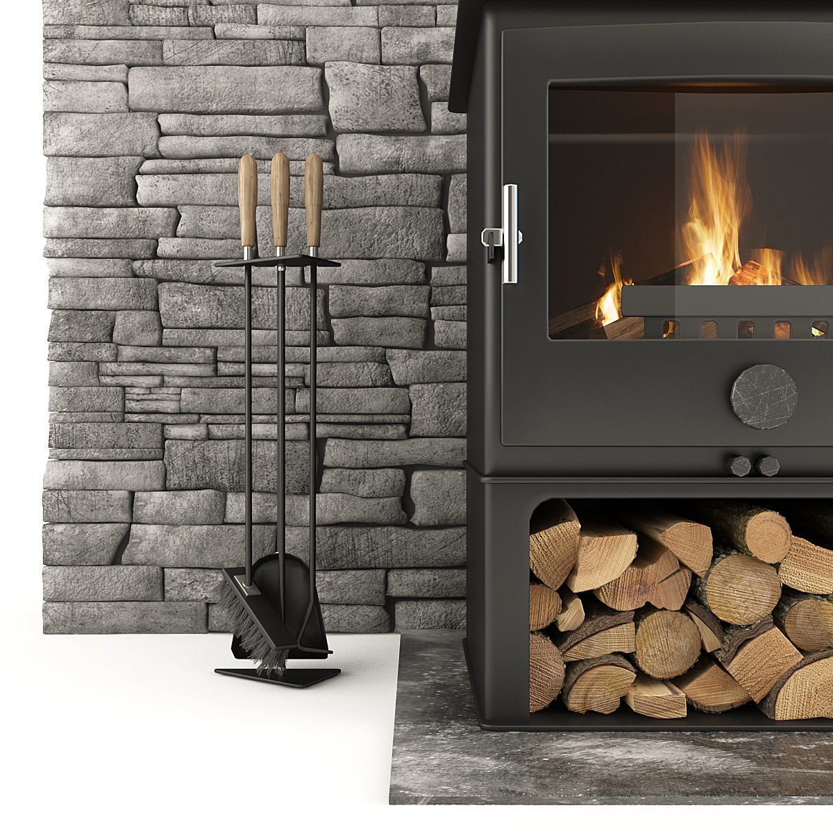 Fireplace and Accessories Stone wall 3D model_7