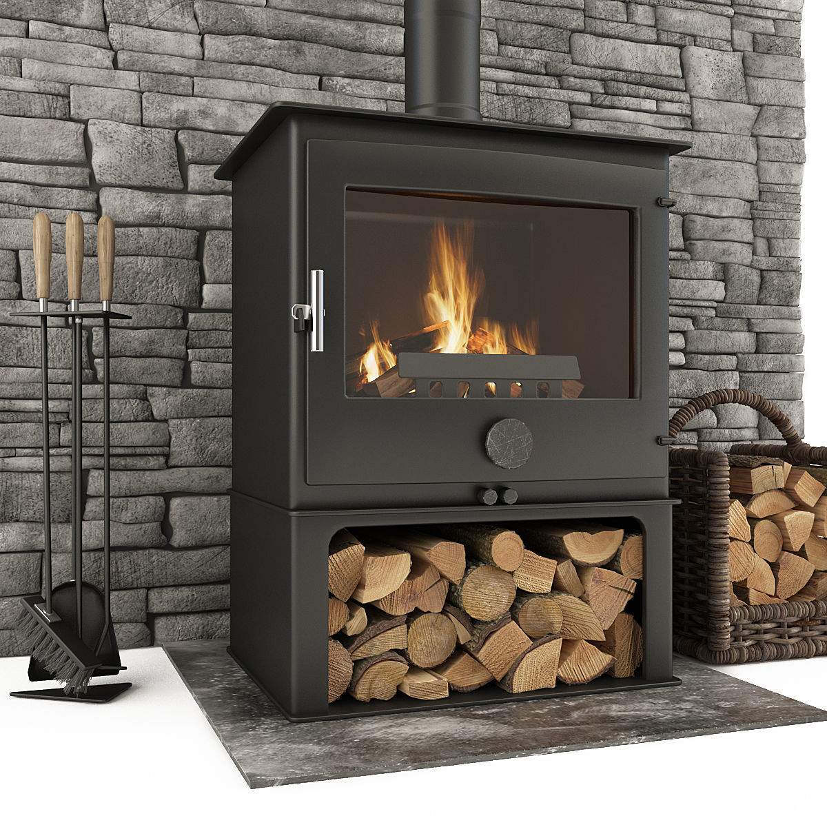 Fireplace and Accessories Stone wall 3D model_4