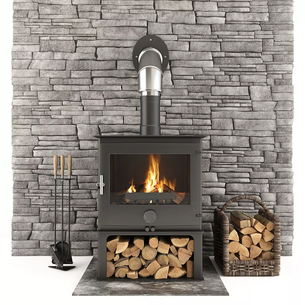 Fireplace and Accessories Stone wall 3D model_0