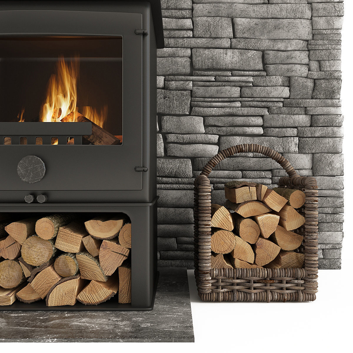 Fireplace and Accessories Stone wall 3D model_5