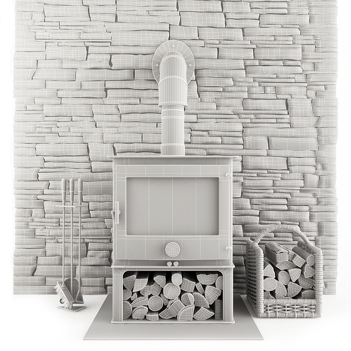 Fireplace and Accessories Stone wall 3D model_1