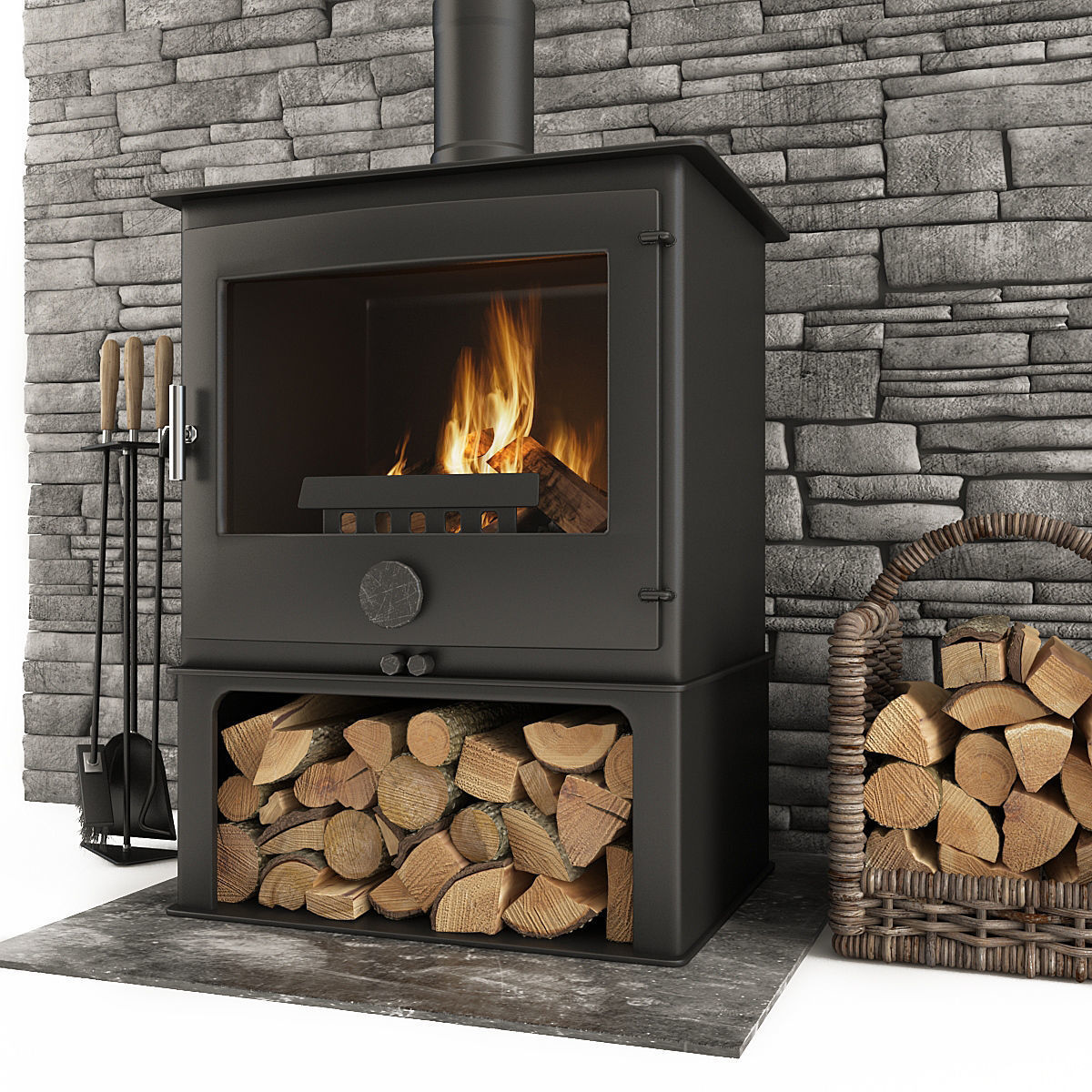 Fireplace and Accessories Stone wall 3D model_3