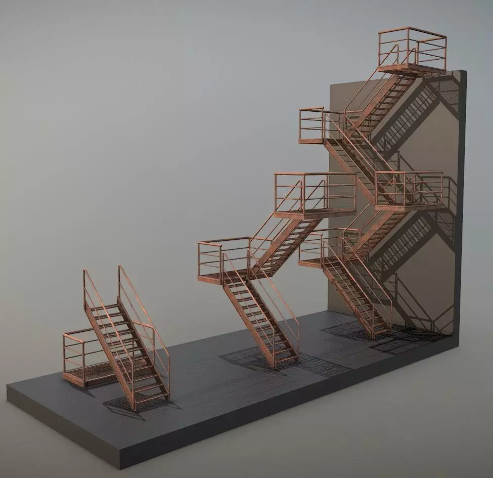 Modular Industrial Staircase Rusted Version - High-Poly 3D model_0