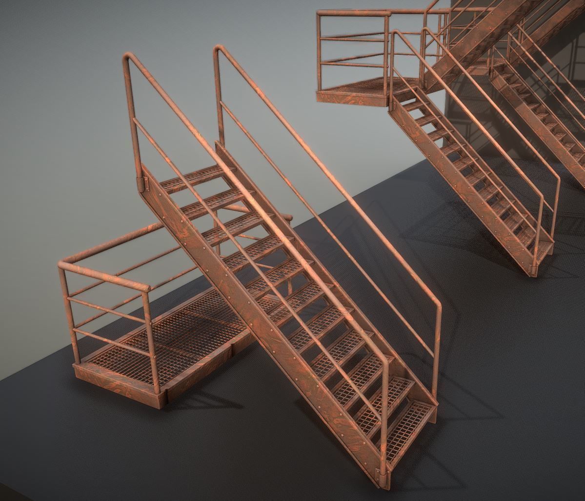 Modular Industrial Staircase Rusted Version - High-Poly 3D model_3