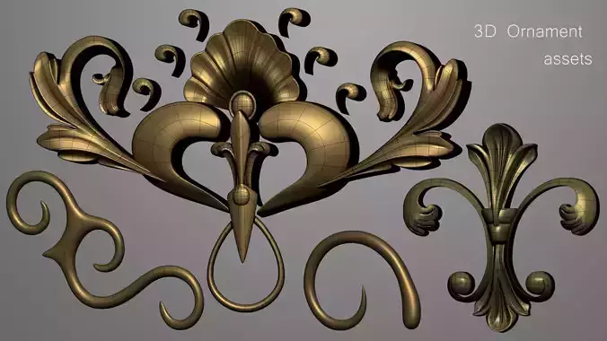 3D Ornament set ornate gold logo Low-poly 3D model